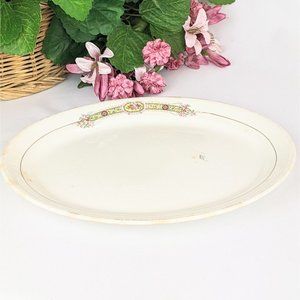 Antique Distressed Oval Serving Platter Pink Roses Porcelain Meat Platter 1920s